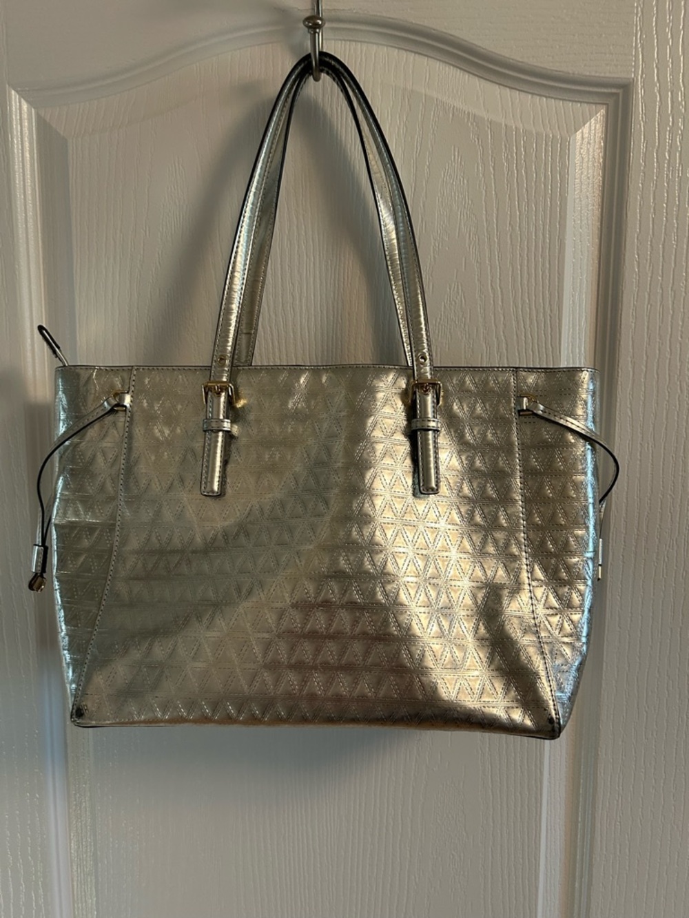 Michael Kors Metallic Silver Quilted Tote with MK Charm - Picture 6 of 15